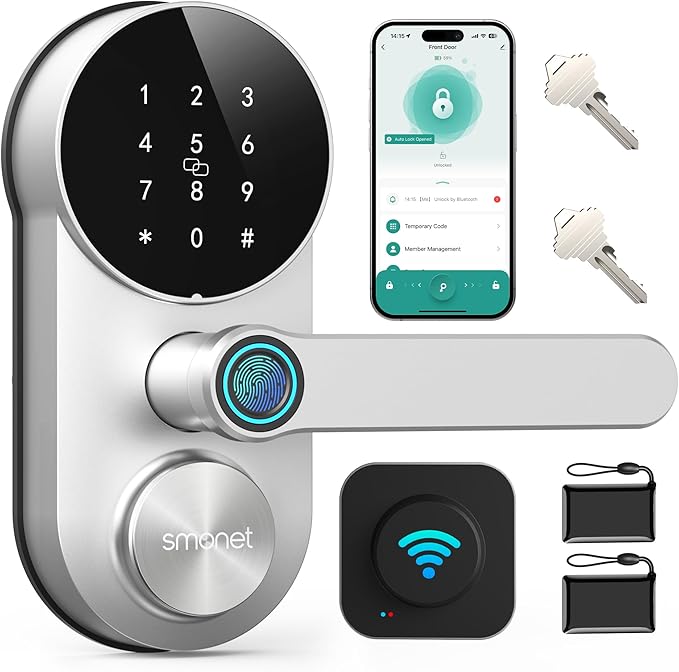 Smart WiFi Lock for Front Door: SMONET Fingerprint Keypad Lock with Handle - Keyless Entry Door Lock Compatible with Alexa Easy Installation