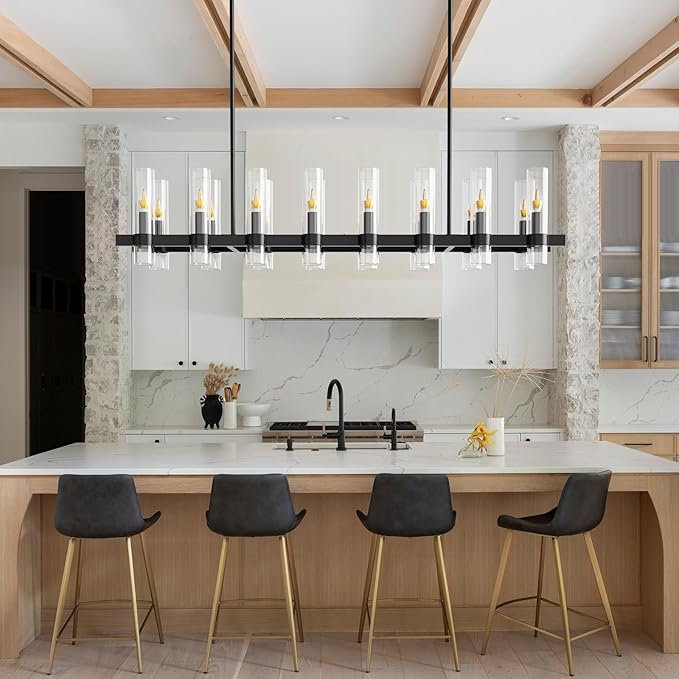 Modern Black Island Rectangle Chandelier with Clear Glass,63” Adjustable Height Modern Linear Light Fixture 16 Light Dining Room Chandelier Over Table for Dining Room Kithen Island