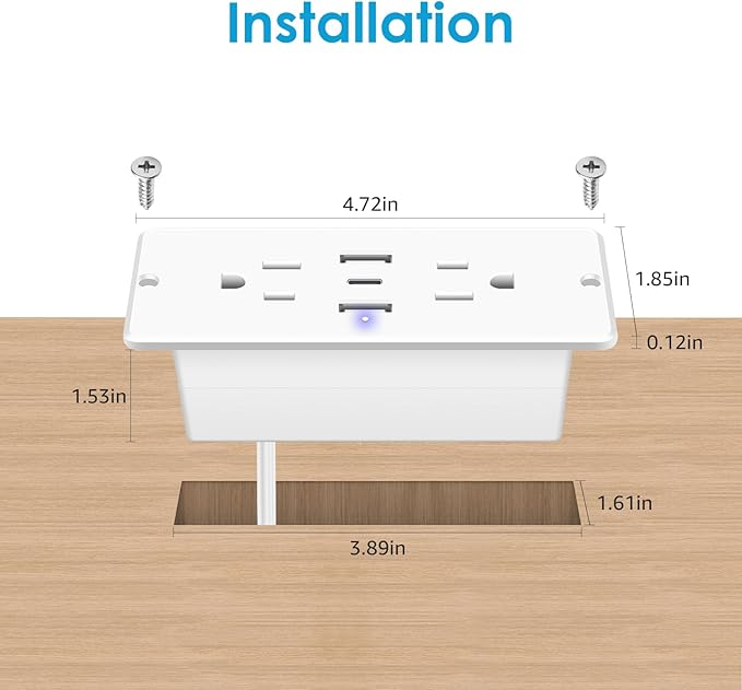 HHSOET 5 in 1 Recessed Power Strip Flat Plug, 20W Fast Charging Furniture Outlet with USB, Conference Recessed Socket with 2 AC Plugs, 2 USB Ports 1 USB-C, 6ft Power Cord. (White)