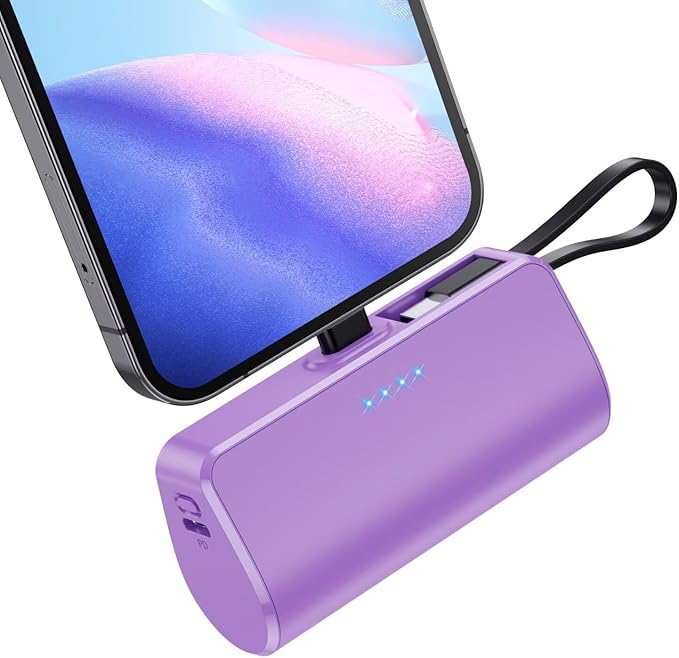 Mini Portable Charger for iPhone with Built-in Type-C Cable, 5200mAh Ultra-Compact Power Bank, PD 20W Fast Charging Battery Pack Phone Charger for iPhone 16/15/14/13, Samsung, Google, Android (Purple)