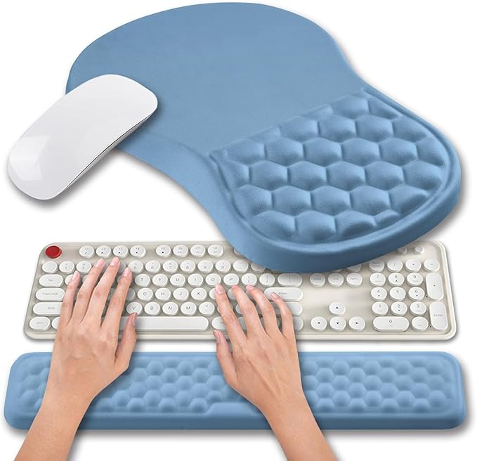 Hokafenle 2 in 1 Ergonomic Mouse Pad Wrist Support & Wrist Rest for Computer Keyboard Set, with Relieve Carpal Tunnel Pain Massage Bulge and Full Memory Gel Design (2In1 Set, Lake Blue)