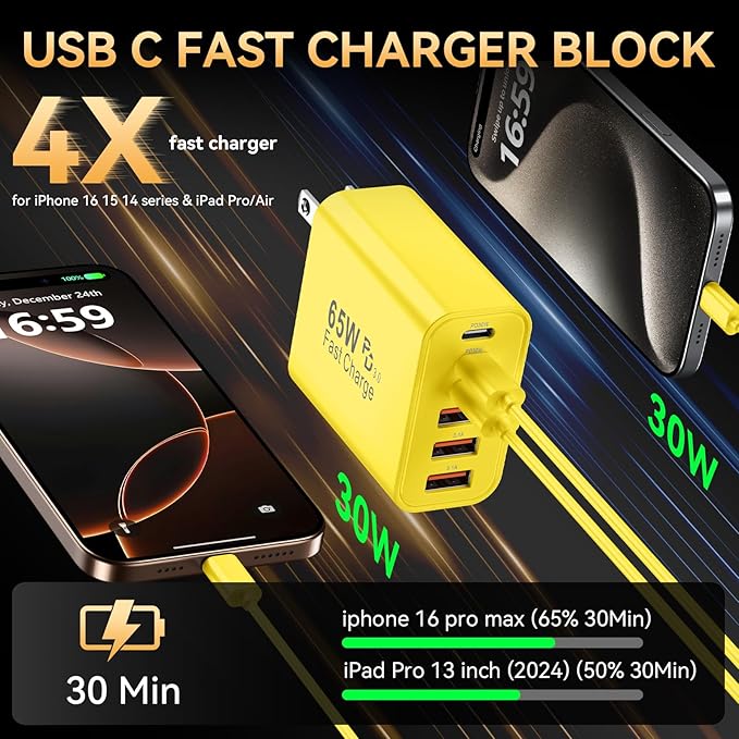 USB C Charger Block, 65W USBC Wall Charging Blocks 6-Port PD & QC Power Adapter Multiport Type C Fast Chargers Plug Cube Brick for iPhone 16/15/14/13/12/Pro Max,iPad Pro,Samsung Galaxy S25 Yellow