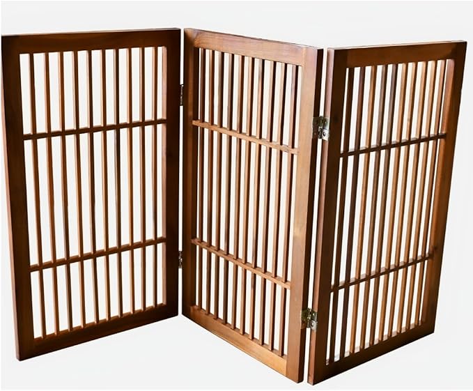 Pet Dog Gate Strong and Durable Freestanding Folding Acacia Hardwood Portable Wooden Fence Indoors or Outdoors by Urnporium (Brown Pet Gate, 3 Panel 30" Tall)