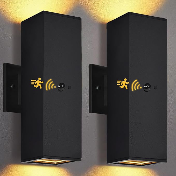 wowlite Motion Sensor Outdoor Wall Lights, Dusk to Dawn Outdoor Lighting with E26 Bulbs Included, 3 Lighting Modes Black Exterior Lighting Fixtures, Aluminum Outside Lights for House Porch Yard 2 Pack