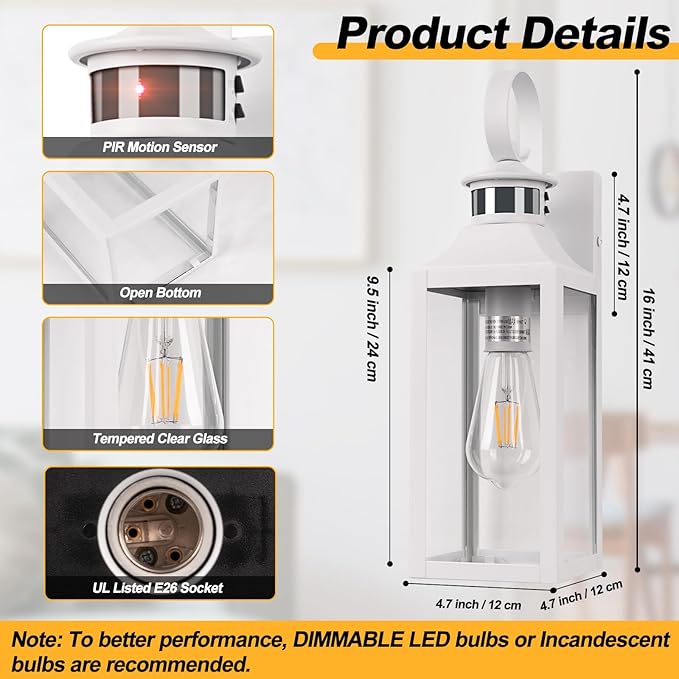 White Motion Sensor Outdoor Light, 16" Dusk to Dawn Outdoor Lighting, Exterior Wall Sconce Waterproof, Large Outside Lamps for House, Modern Wall Mount Porch Lanterns 3 Modes