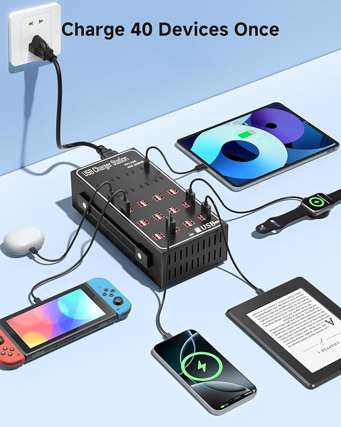 200W USB~c Charging Station, 40 Port (24 USB A & 16 USB~C Port) USB~C Charger Block, Fast Charging Station for Multiple Devices, Desktop USB Charger Compatible for iPhone, iPad, Tablets