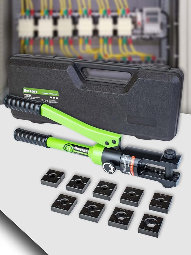 AMZCNC Professional Hydraulic Crimping Tool with 12 Ton Output Pressure and 9 Standard US Dies (Crimps 8 AWG to 4/0 AWG)
