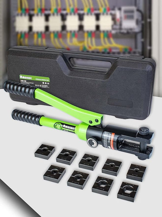 AMZCNC Professional Hydraulic Crimping Tool with 12 Ton Output Pressure and 9 Standard US Dies (Crimps 8 AWG to 4/0 AWG)