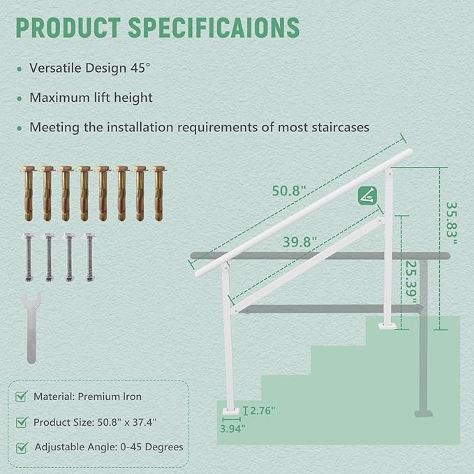 2 Pack Hand Rails for Outdoor Steps,3-4 Step Railing for Stairs,Adjustable Porch Railing,Hand Rails for Seniors,Outdoor Deck Handrails for Exterior Steps,White