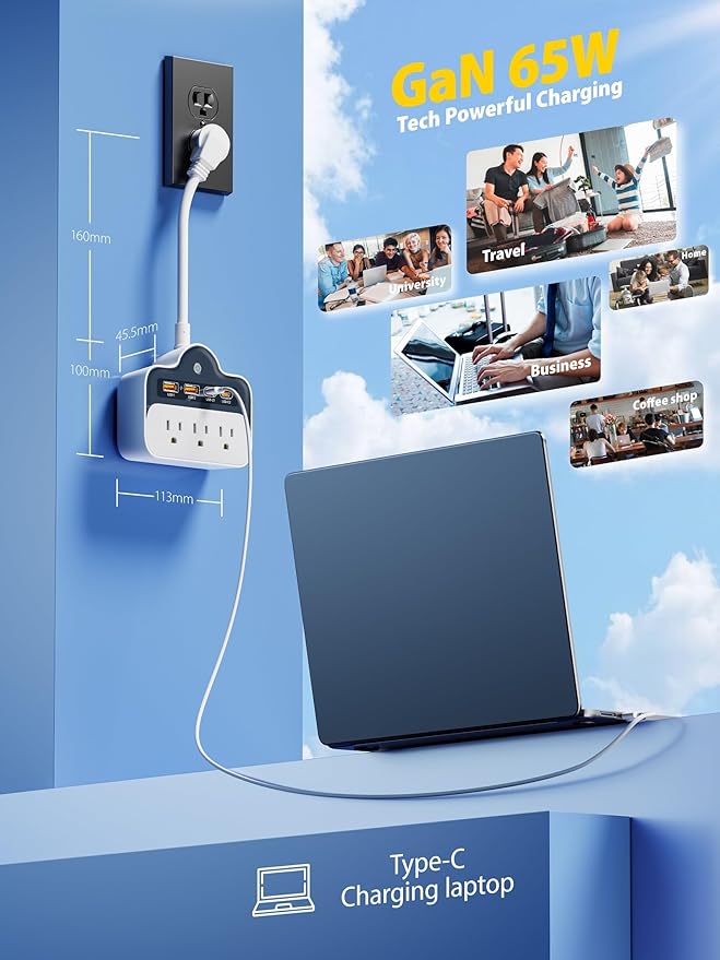 Wall Power Strips 65W USB-C Outlet Extender, Surge Protector Splitter 6 Inch Short Extension Cord, Multi Plug Wall Outlets with 4 USB Ports, 3 AC Outets, Power On/Off Switch (1)