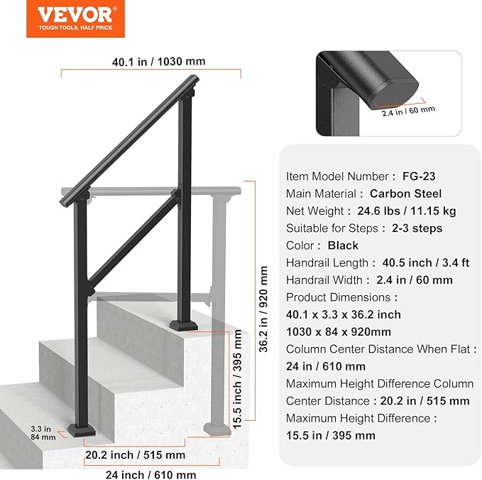 VEVOR Handrails for Outdoor Steps, 2-3 Step Stair Hand Rail Kit, Transitional Carbon Steel Railings with Installation Kit, Stair Rails for Seniors, Concrete Steps & Porch & Deck, Black Square Tube