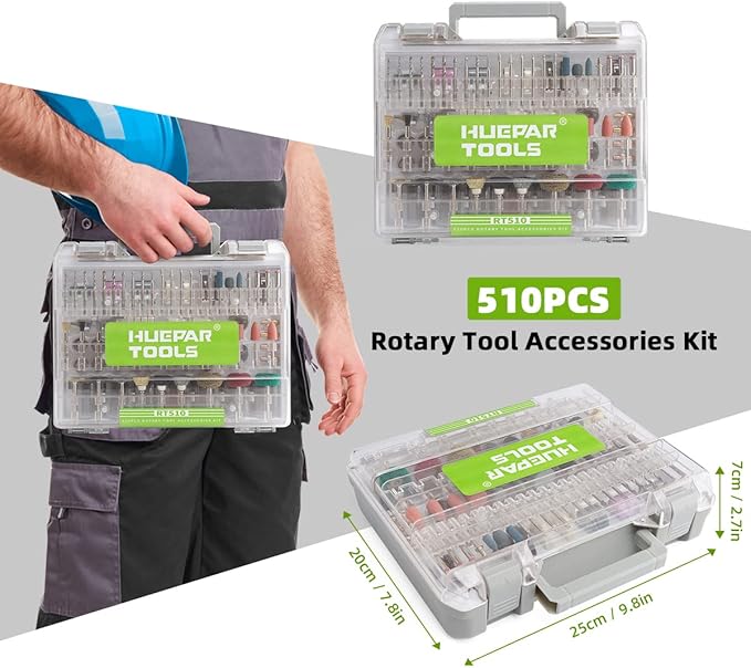 Huepar Tools 510-Piece Rotary Tool Accessories Kit, 1/8 inch (3.2mm) Diameter Shanks, Universal Accessories Bits for Easy Cutting, Sanding, Grinding, Carving, Polishing, Drilling and Engraving
