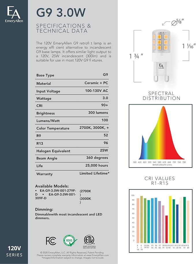EmeryAllen G9 Base, 3.0Watt (25W Equivalent) Dimmable Miniature Bi-Pin | JA8 Compliant LED Light Bulb | 120V- 300 Lumens | 2700K | 1 Pcs