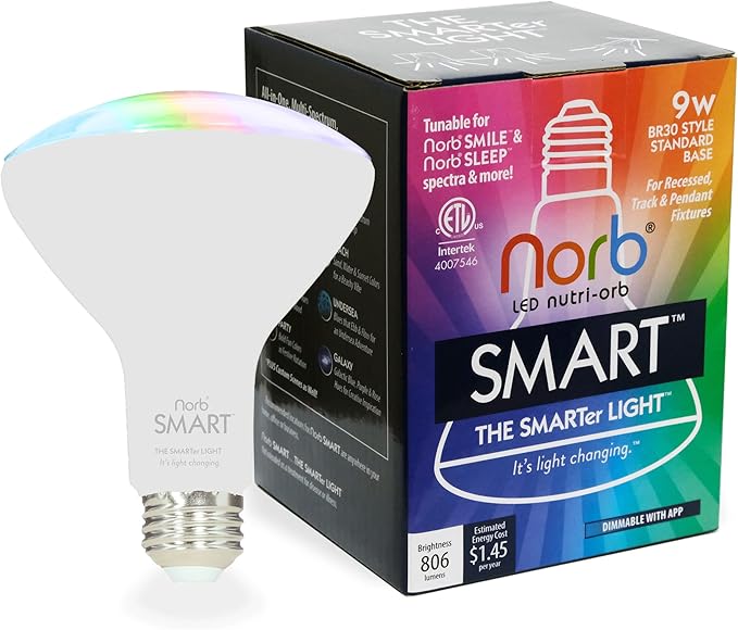 NorbSMART - Circadian Rhythm Supporting Tunable LED w/NorbSMILE, Sleep, Relief, Cozy, and Custom Colors in One Bulb. WiFi Enabled App, Alexa/Echo/Google Home, 9W, BR30, No Hub Required (2-Pack)