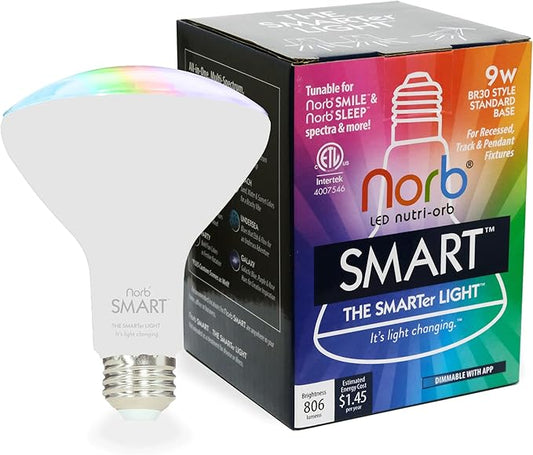 NorbSMART - Circadian Rhythm Supporting Tunable LED w/NorbSMILE, Sleep, Relief, Cozy, and Custom Colors in One Bulb. WiFi Enabled App, Alexa/Echo/Google Home, 9W, BR30, No Hub Required (2-Pack)