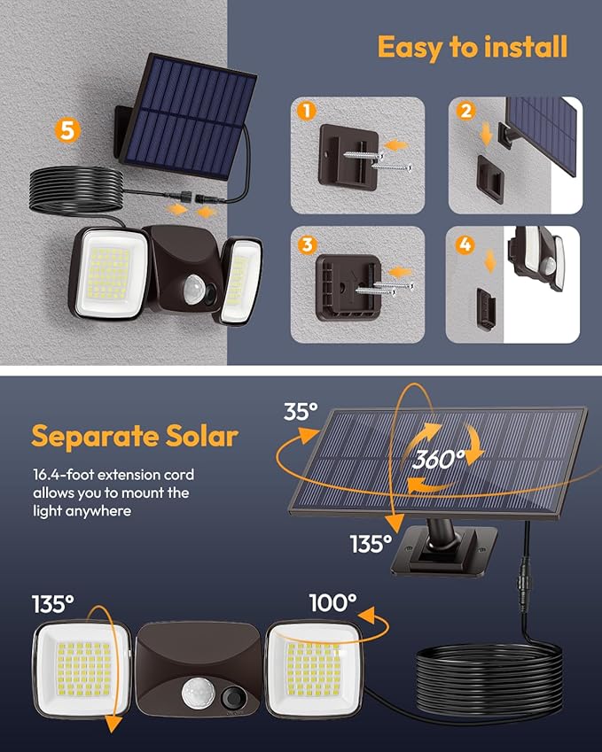 Ultra-Long Battery Life Solar Motion Lights Outdoor, USB & Solar Charging, Rechargeable Battery Operated Lights 3–5 Months Endurance, Perfect for Winter & Rainy Days, Yard, Patio, Backyard (2 Pack)