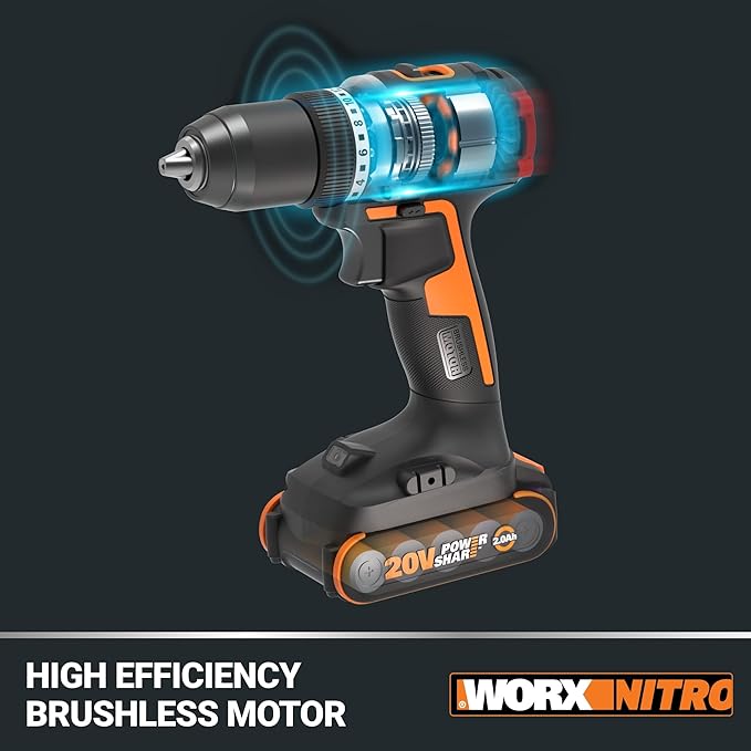 Worx Nitro 20V Cordless 1/2" Drill Driver With Brushless Motor, Compact & Lightweight Set Only 6" and 3 lbs., Power Share Compatible WX130L.9 Tool Only