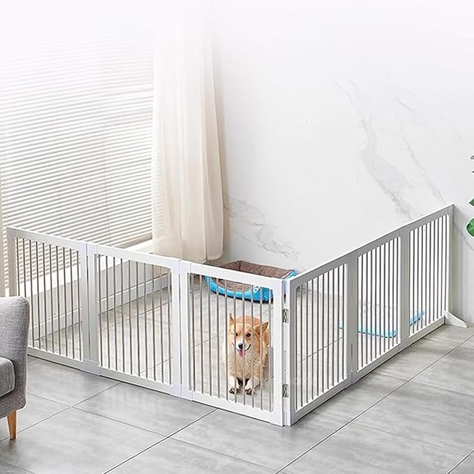 Foldable Wooden Dog Gates 126" Wide, 27.5" Tall Freestanding Pet Gate Dog Fence No-Installation Puppy Safety Fence Extra Wide Puppy Barrier for Doorways,Stairs, or Hallways-6 Panel，White