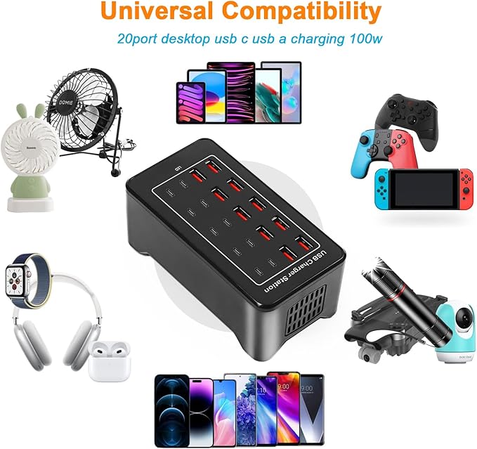 USB C Charger Block 100W USB C Charging Station, 20Port (20A) Multiple Charging Hub Desktop 10 Port USB Charger Compatible for Apple iPhone, iPad, Samsung, Pixel, Cell Phone, Tablets, Office Home Use