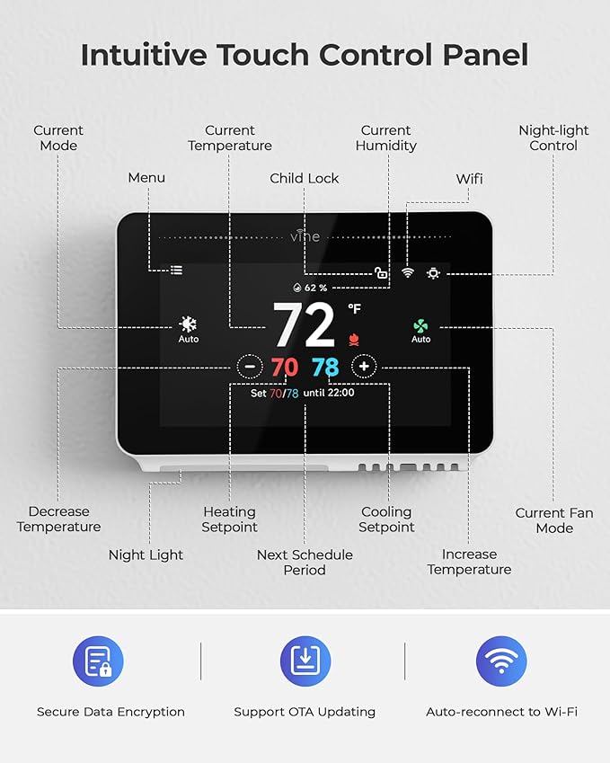 Vine Smart Thermostat for House with Nightlight, 4.3 Inches WiFi Thermostats for Home Work with Alexa and Google Assistant, 7day x 8period Programmable, C-Wire Required