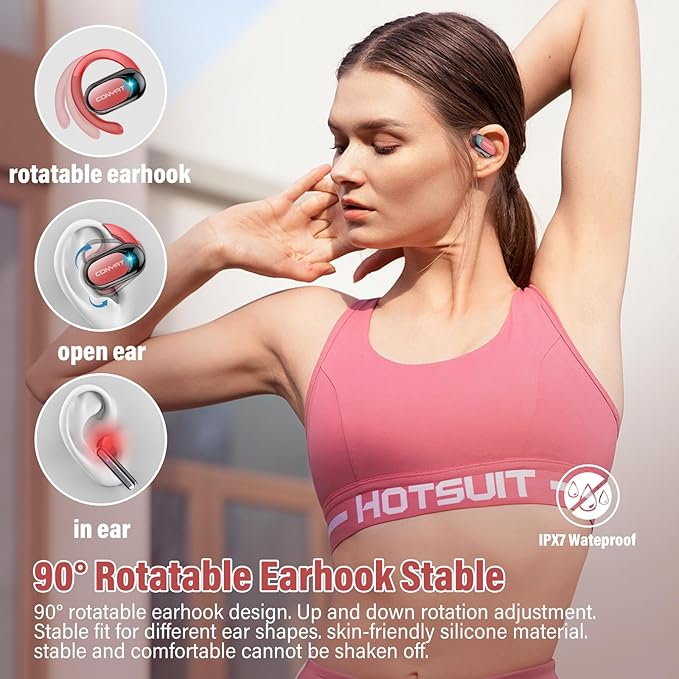 Open Ear Headphones, Wireless Bluetooth 5.4 Earbuds with Big Earhooks, Ultra-Comfort Open Ear Earbuds, 58 Hours HD Stereo Sound Over Ear Earphones, IP7 Waterproof Headset for Workouts, Red