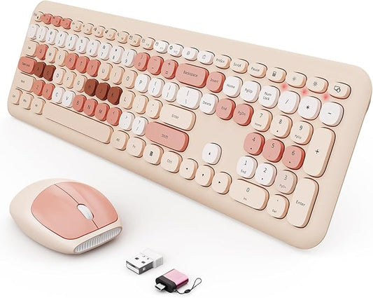 Wireless Keyboard and Mouse Combo, Colorful Ergonomic Full Size Retro Low-Noise Keyboard with Cute keycaps, Compatible with Windows, PC, Perfer for Home and Office Keyboards (Brown)