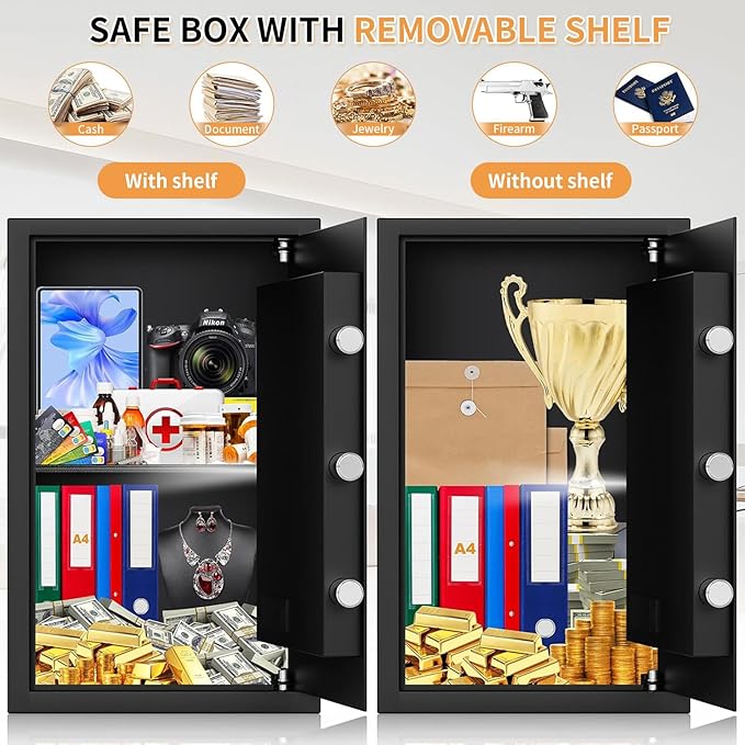 3.3 Cuft Safes for Home Use Fire and Water proof, Fire Safe Box, Money Safes With Digital Keypad & Removable Shelf and Led Light, Fireproof Box for Home Money Documents Valuables