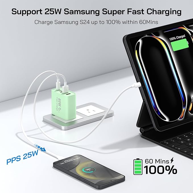 2Pack USB C Fast Charger Block, 60W 5-Port USB C Wall Charger 30W Type C Charging Block, 2USB C+3USB A PPS/PD 3.0 Multiport Charging Cube for iPhone 16 15 14 13 Pro Max,for Galaxy S25 S24 Ultra, i Pad