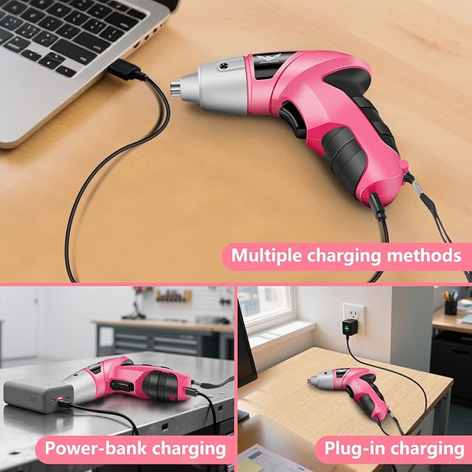 Pink Tool Kit with 3.6V USB Electric Screwdriver, 112 PCS Home Tool Set with Cordless Drill Set, Hand Tool Kits for Women