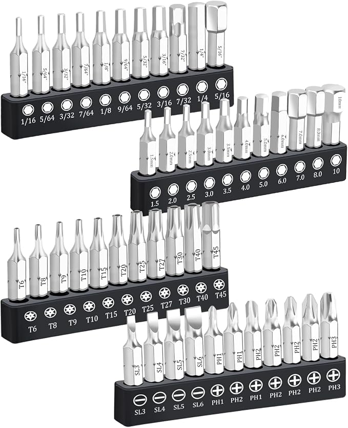 44 Piece Screwdriver Bit Set, Torx Slotted Phillips HEX Bit Set, 1/4 Inch Hex Shank S2 Steel Magnetic 1" Long Drill Bits