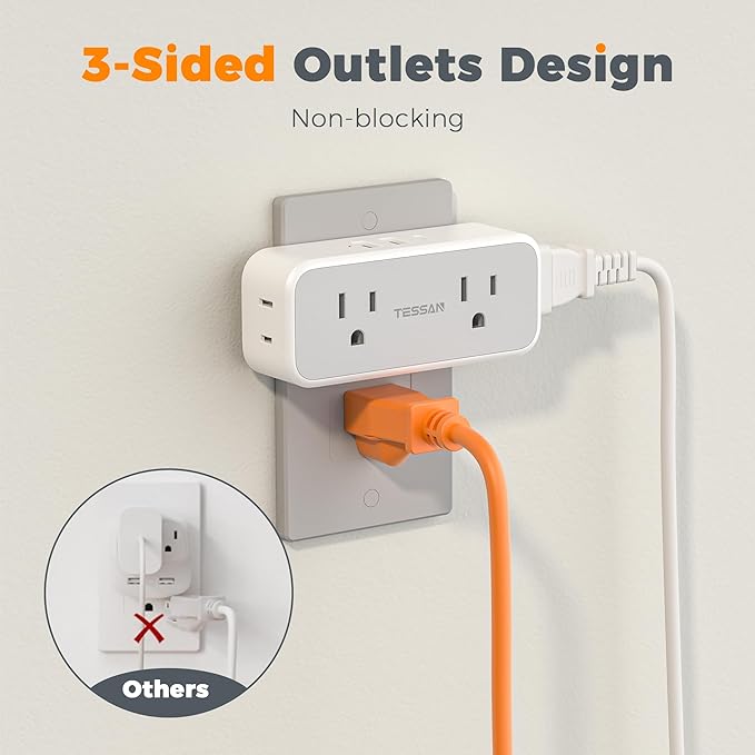 Surge Protector Outlet Extender, TESSAN Multi Plug Splitter with 4 Electrical Outlets 3 USB Ports(1 USB C), Multiple Plug Mini Wall Expander for Home Bathroom Office Dorm Room Essentials