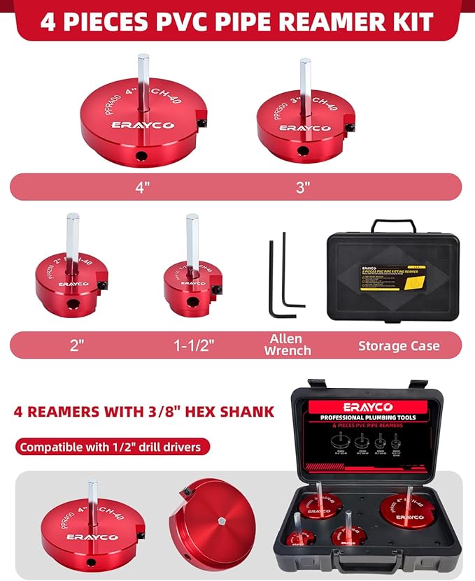 4PCS PVC Pipe Reamer Kit, Plastic Pipe Fitting Reamer Tool, Fit into Standard 1/2" Drills, PVC Fitting Saver for SCH40 PVC CPVC ABS Pipe (1-1/2'', 2'', 3'', 4'')