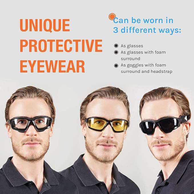 ToolFreak Spoggles Safety Glasses, Clear, Smoke and Yellow Tinted Polycarbonate Lens Mega Bundle Offer, Foam Padded, ANSI z87 Rated with Impact and UV Rating