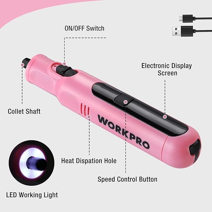WORKPRO Cordless Rotary Tool, 8V Rotary Tool Kit with 117 Accessories, 6 Variable Speed, Type-C Charging, LED Work Light, Power Rotary Tool for Sanding, Polishing, Engraving, Cutting, DIY, Pink Ribbon
