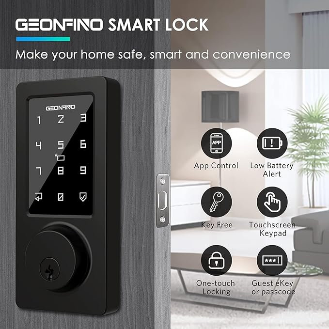 GEONFINO Smart Door Lock Keyless Entry Door Lock with Handle, Black Fingerprint Lock, Smart Deadbolt for Home, Apartment