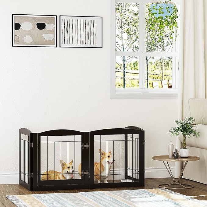 PAWLAND Freestanding Dog gate with Walk Through Door, Dog Gates for Doorways, The House, Stairs, 80" Wide Pet Puppy Safety Fence with Support Feet, 4 Panels, Espresso