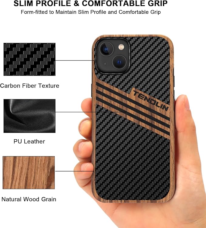 TENDLIN Compatible with iPhone 15 Case Wood Grain with Carbon Fiber Texture Design Leather Hybrid Slim Case (Three Stripe)