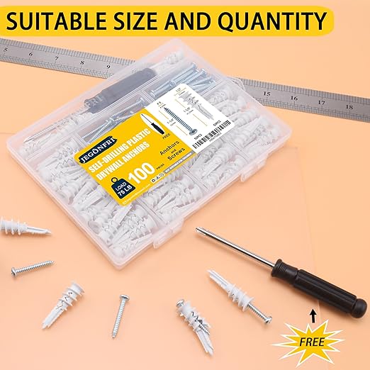 100PCS Self Drilling Drywall Anchors and #8 Screws, Wall Anchors for Drywall Heavy Duty Holds Upto 75LB, No Pre Drill Hole Required, Dry Wall Screws and Anchors Kit and Screwdriver