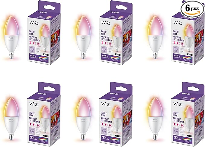 WiZ 40W B12 Candle Bulb Light, 6-Pack Smart Bulbs, Indoor E12 LED Color Changing Lights, Connects to Wi-Fi, Control with Voice, App, Activate by Motion, Matter Compatible