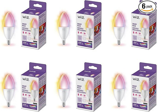 WiZ 40W B12 Candle Bulb Light, 6-Pack Smart Bulbs, Indoor E12 LED Color Changing Lights, Connects to Wi-Fi, Control with Voice, App, Activate by Motion, Matter Compatible