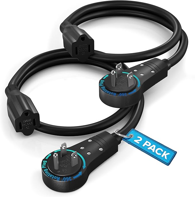 Maximm Cable 0.5 Feet 360° Rotating Flat Plug Extension Cord/Wire, 3 Prong Grounded Wire 16 Awg Power Cord - Black UL Certified