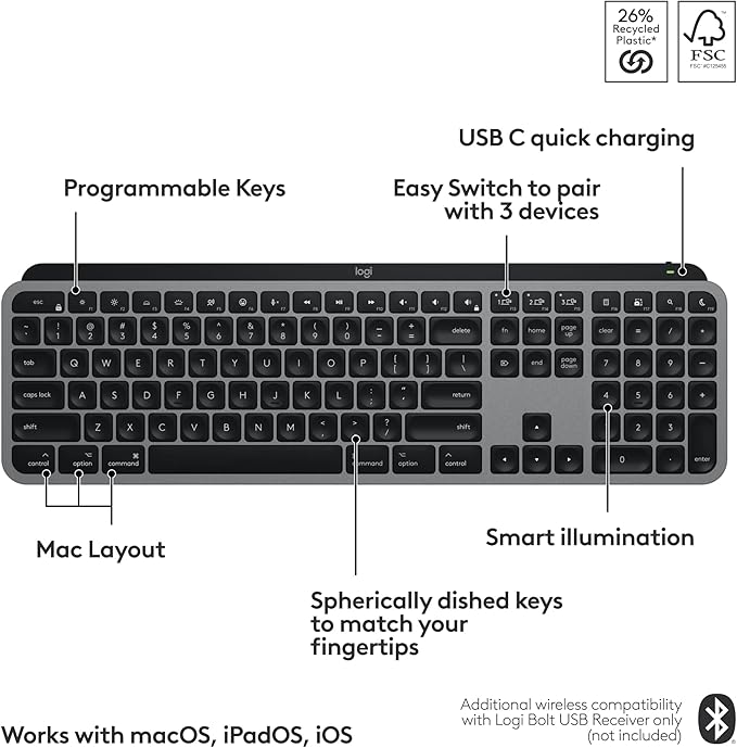 Logitech MX Keys S for Mac, Wireless Keyboard, Fluid, Precise Laptop-Like Typing, Programmable Keys, Backlit, Bluetooth USB C Rechargeable for MacBook Pro, MacBook Air, iMac, iPad - Space Grey