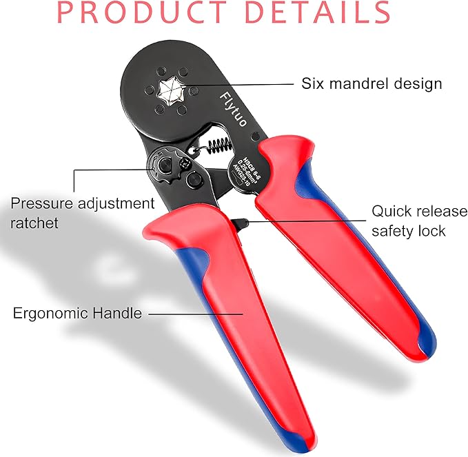 Hexagonal Crimping Tool, AWG23-10 HSC8 6-6 Self-adjusting Ratchet Wire Ferrule Crimper Plier for Wire Terminals Cables End-sleeves