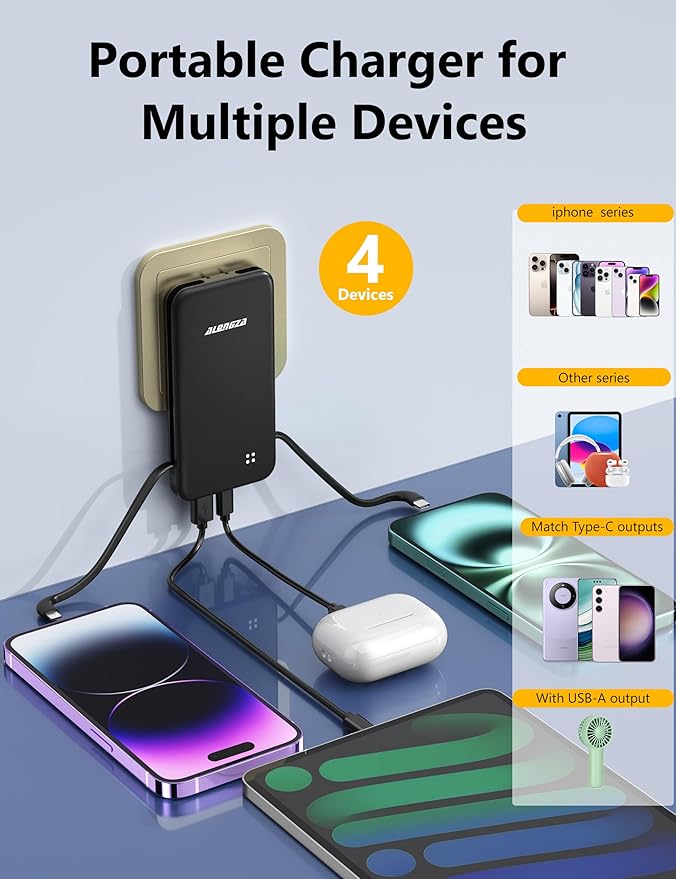Alongza Portable Charger Built-in Cables and AC Wall Plug, Slim Fast Charging Power Bank 10000mAh, Lightweight USB C External Battery Pack Compact Travel Cell Phone Charger