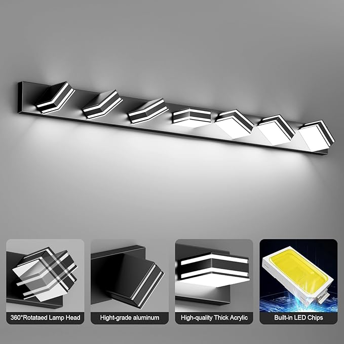 Ralbay 55inch Black Vanity Light for Bathroom 7-Light LED Modern Acrylic Matte Black Bathroom Wall Vanity Lighting Fixtures Over Mirror
