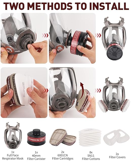 Full Face Gas Mask: Respirator Mask Survival Nuclear and Chemical with 40mm Activated Carbon Filter and 6001 Filter, Gases Cover Organic Vapor Masks for Dust, Painting, Polishing, Welding