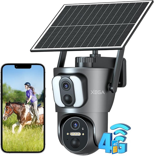 Xega 4G Cellular Security Camera【Dual Lens】 Outdoor with SIM Card, 14400mAh 2K HD Wireless Solar 4G LTE Camera, PTZ Motion Dtetection Spotlight Siren TF Cloud Storage,Only Support The Built-in SIM