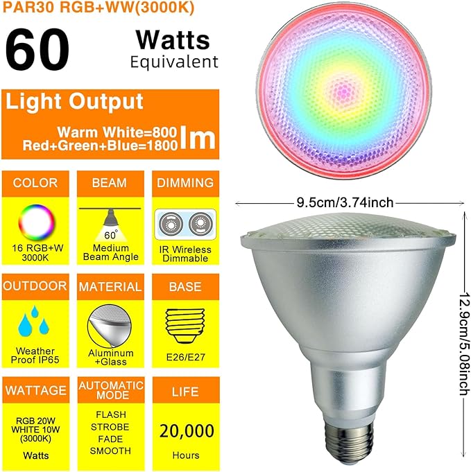 2Pack PAR30 LED Bulb, 30W RGB+Warm White(3000K) LED Flood Light Indoor/Outdoor, Dimmable Color Changing Spotlight with Remote Control, Lawn Lamp for Home Courtyard Christmas Party Decoration