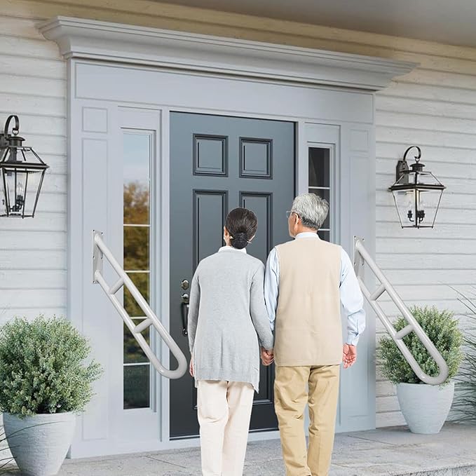 U-Shaped Hand Railings for 1-3 Steps, Wall Mounted Stair Railing with 2 Anti-Skid Crossbar for Kids, Elderly, Pregnant Women, Disabled, Stair Handrails for Outdoor Steps (White U-Shaped 1 Pack)