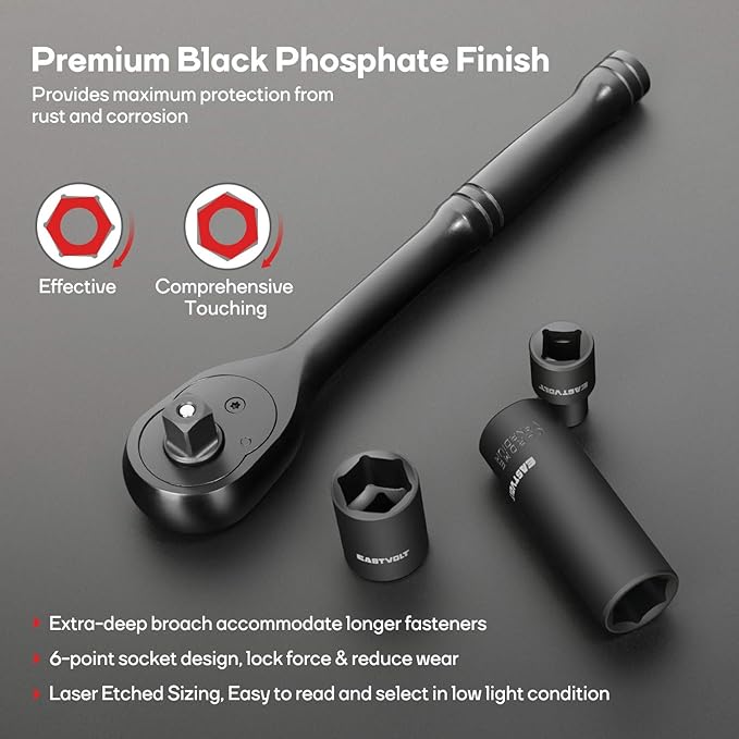 Eastvolt 46 Pieces Drive Socket Ratchet Wrench Set, Mechanic Tool Kits with 72 Teeth Reversible Ratchet, Extension Bar Set and Storage Case, Metric/SAE